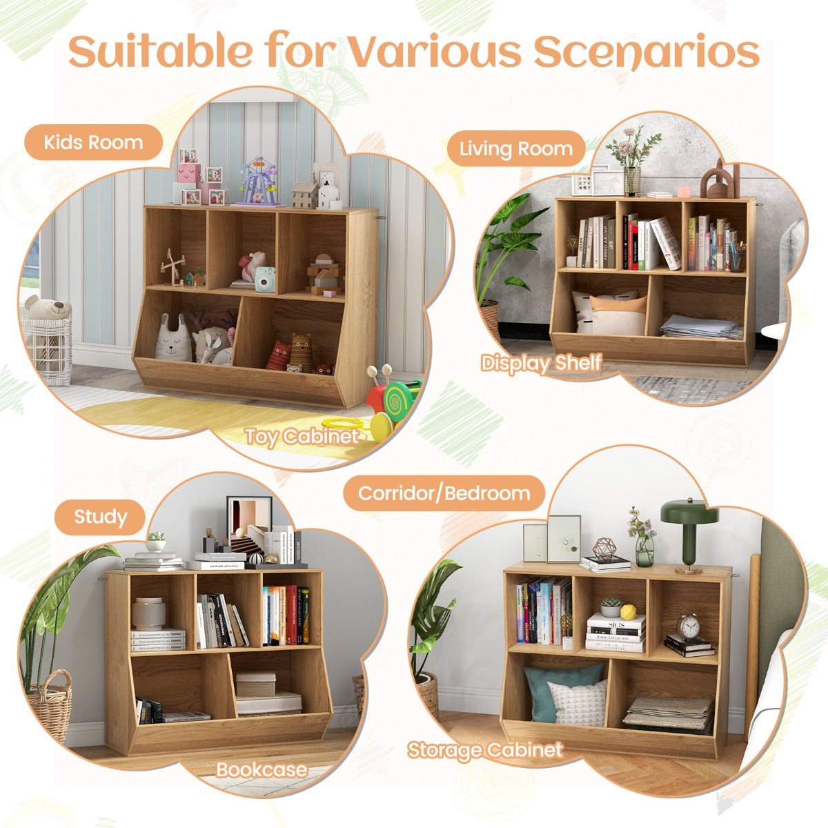 5-Cubby Kids Toy Storage Organizer with Footboard for Kids-Natural