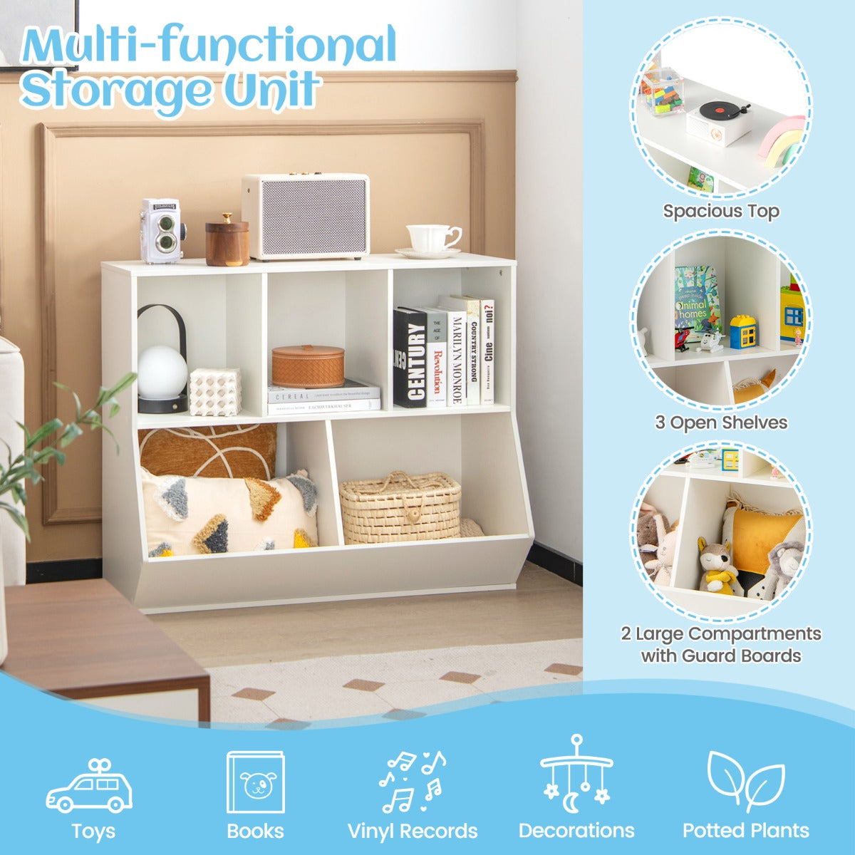 5-Cubby Kids Toy Storage Organizer with Footboard for Kids-White