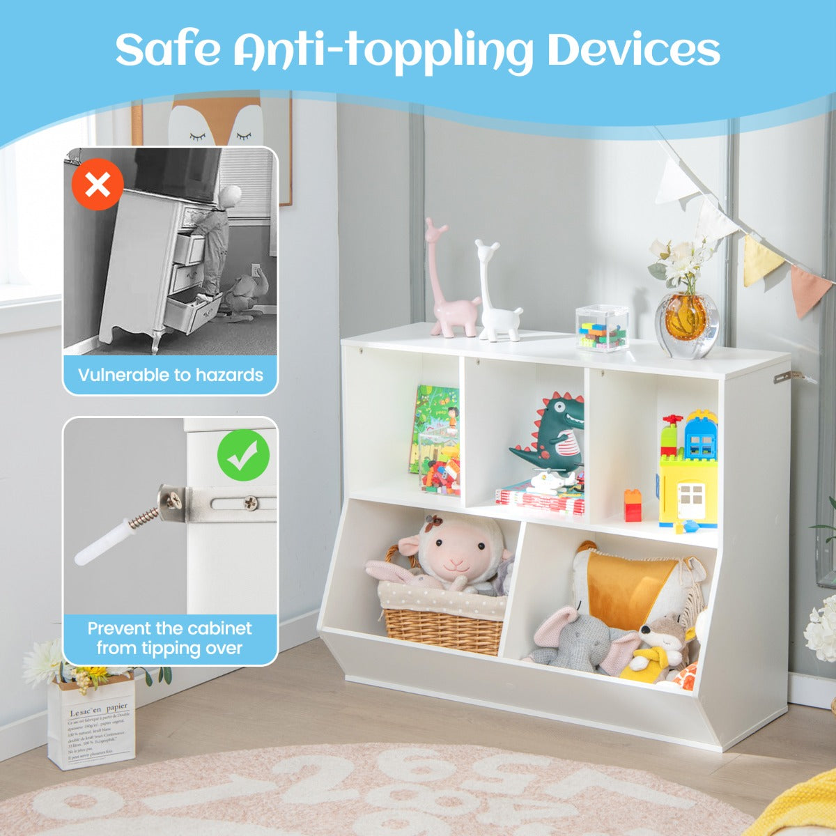 5-Cubby Kids Toy Storage Organizer with Footboard for Kids-White