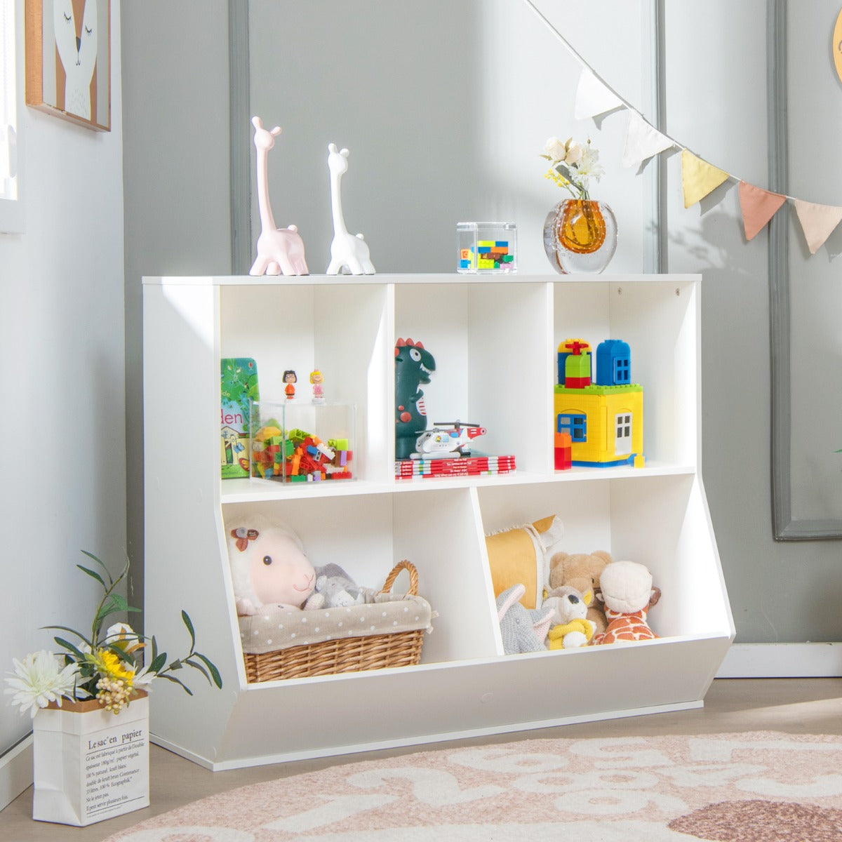 5-Cubby Kids Toy Storage Organizer with Footboard for Kids-White