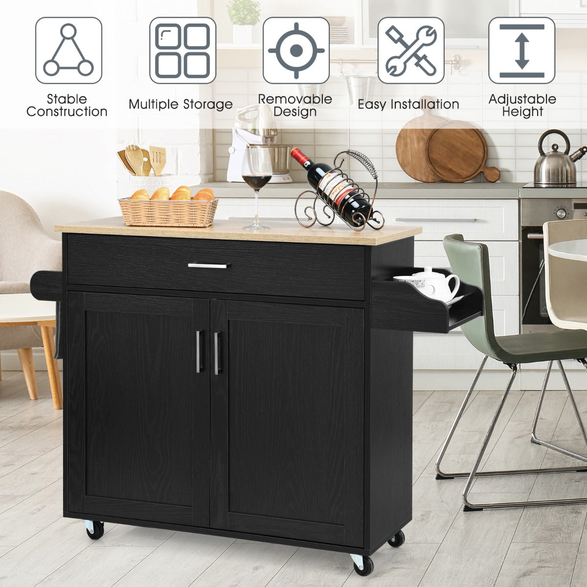 Kitchen Island Cart with Lockable Rubber Casters for Kitchen
