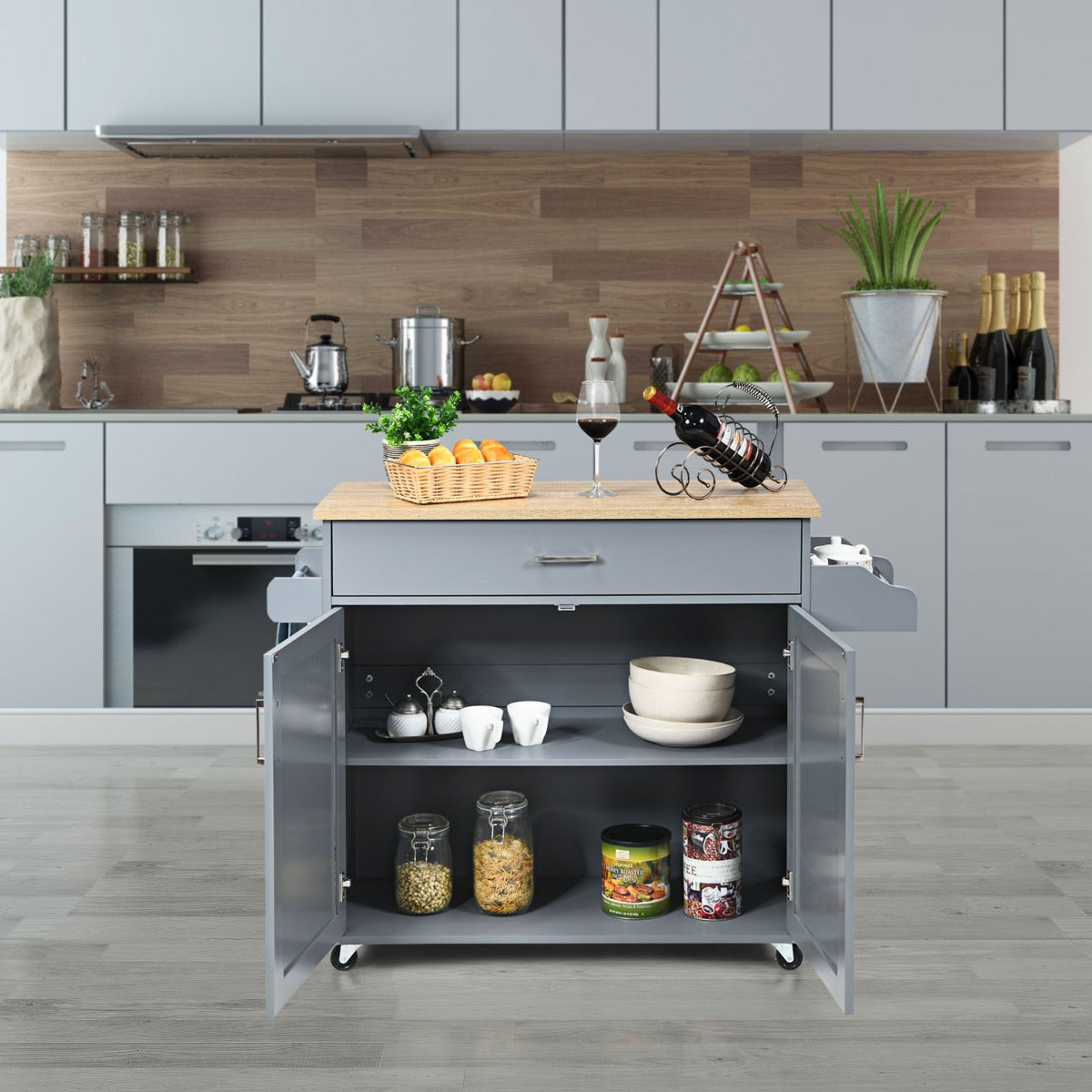 Kitchen Island Cart with Lockable Rubber Casters for Kitchen-Grey