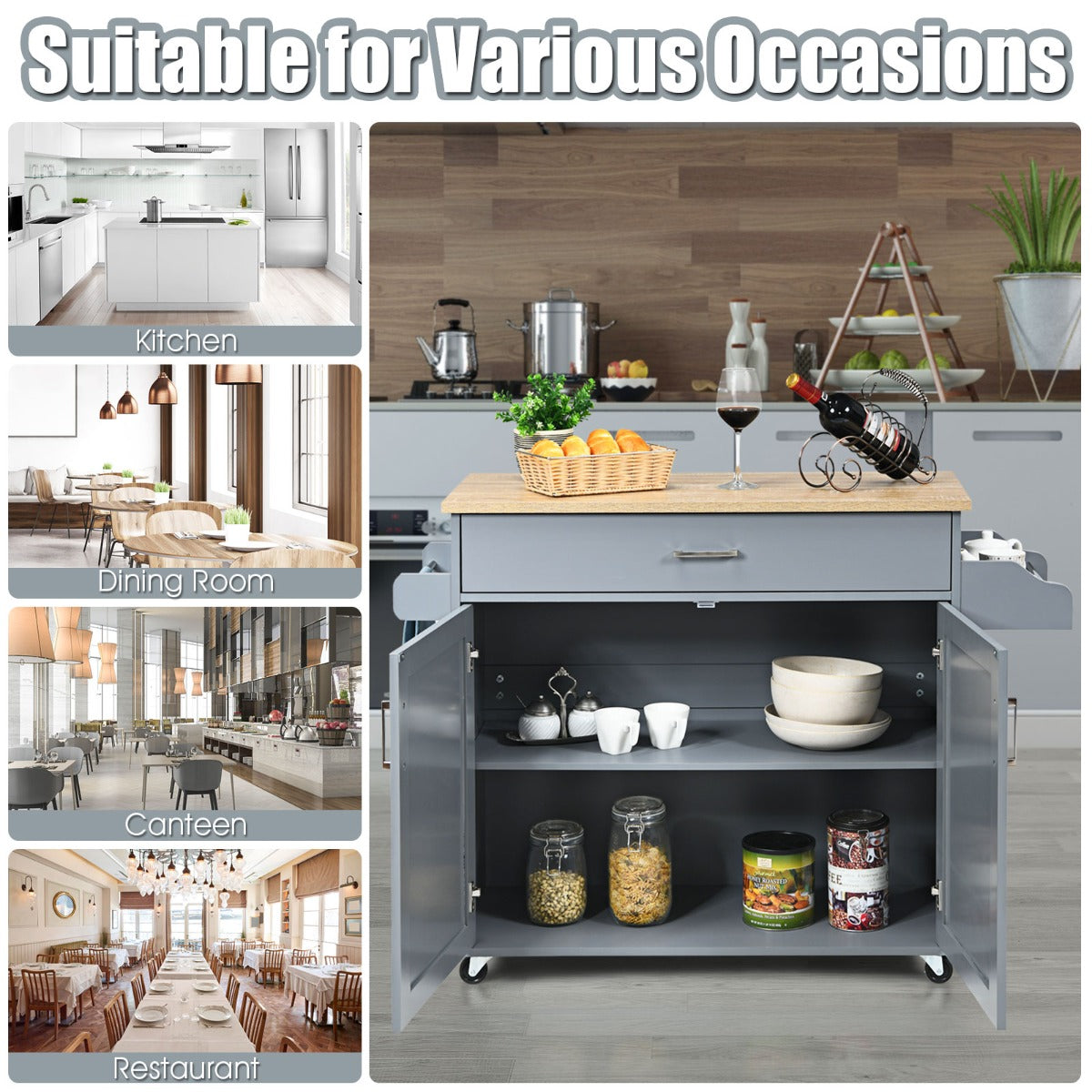 Kitchen Island Cart with Lockable Rubber Casters for Kitchen-Grey
