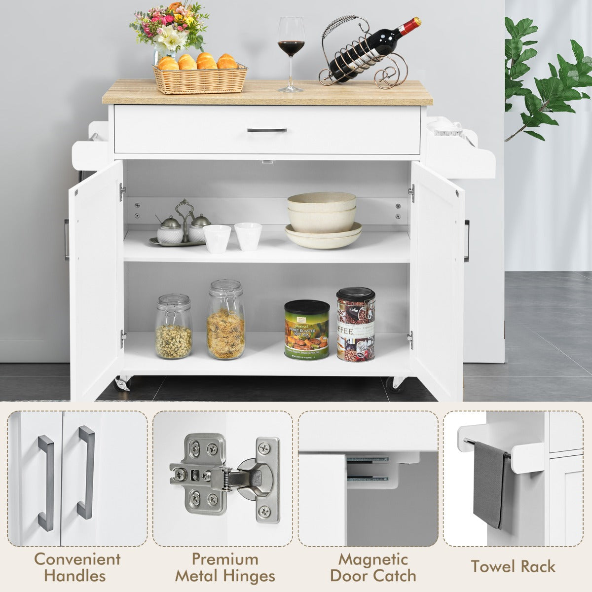 Portable Kitchen Island with Lockable Rubber Casters for Kitchen