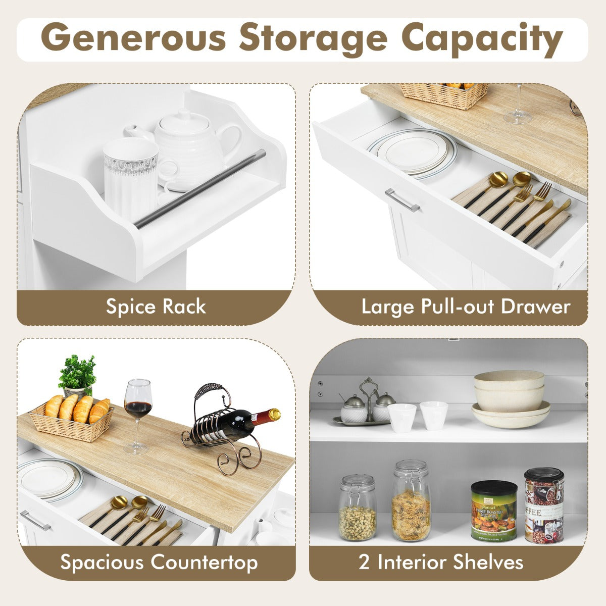 Portable Kitchen Island with Lockable Rubber Casters for Kitchen