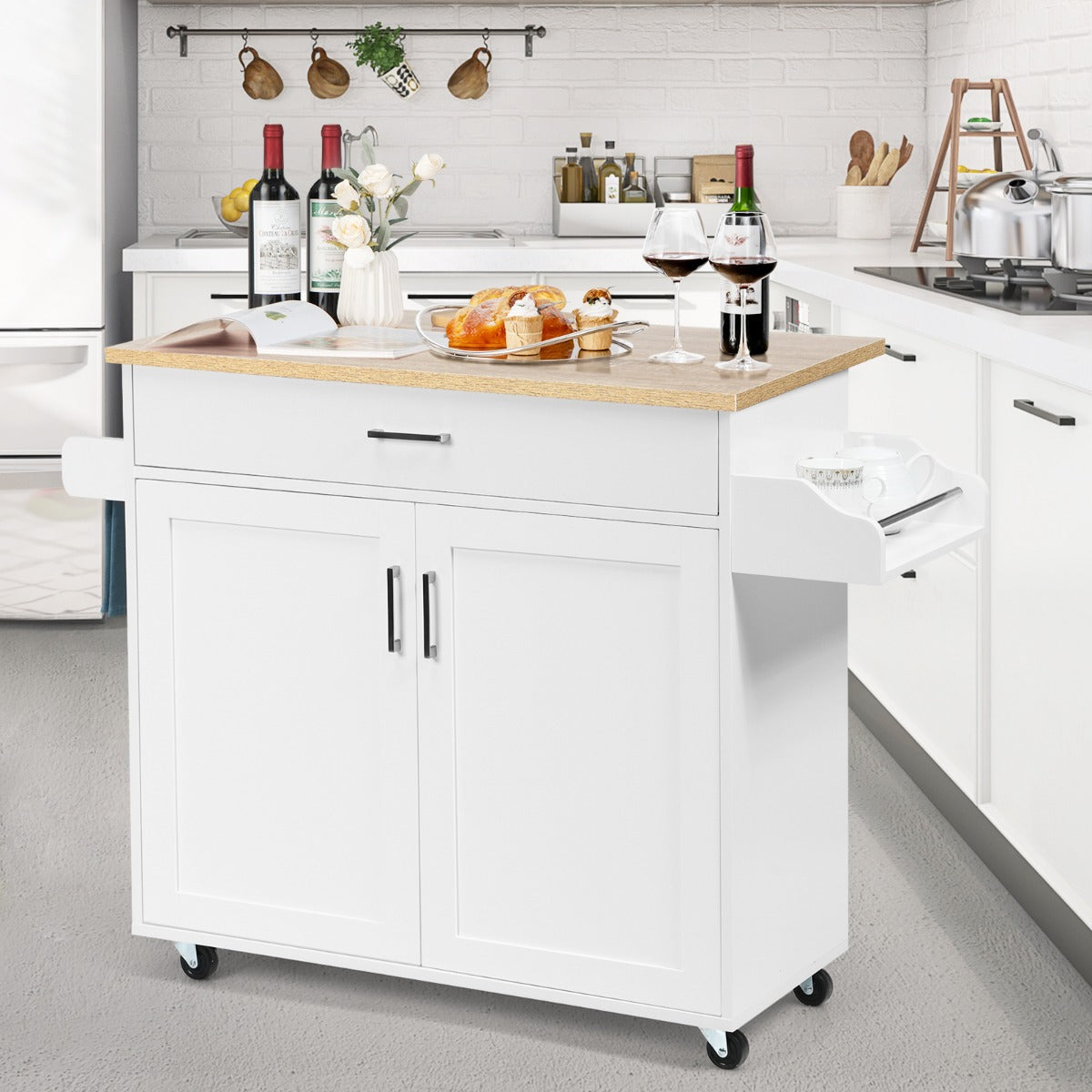 Portable Kitchen Island with Lockable Rubber Casters for Kitchen