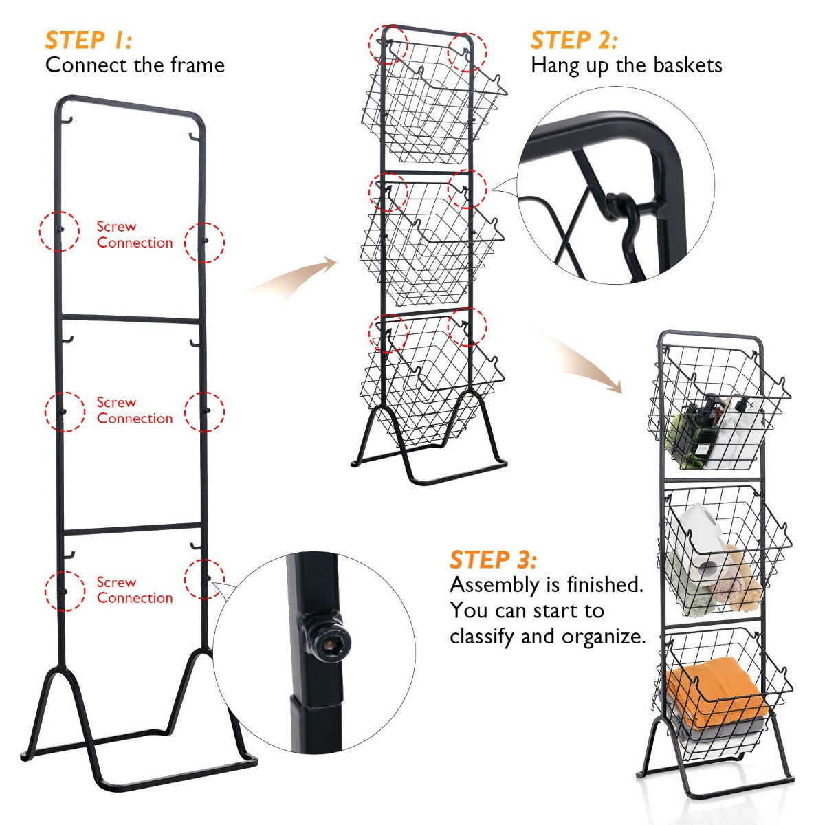 3-Tier Height Adjustable Metal Fruit Basket Stand with Detachable Bowls