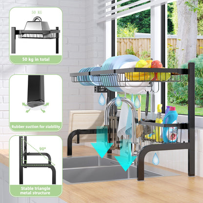 2-Tier Over Sink Adjustable Dish Drying Rack for Kitchen Counter Storage