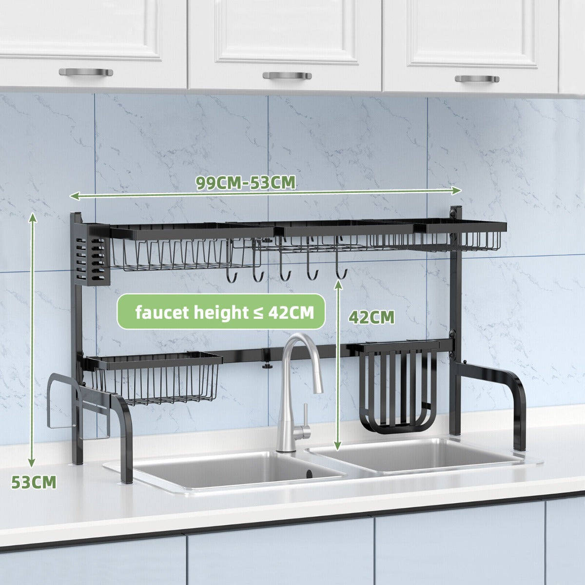 2-Tier Over Sink Adjustable Dish Drying Rack for Kitchen Counter Storage