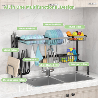 2-Tier Over Sink Adjustable Dish Drying Rack for Kitchen Counter Storage