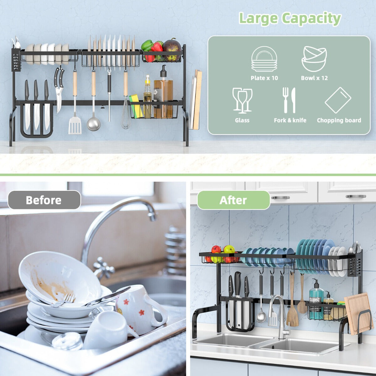 2-Tier Over Sink Adjustable Dish Drying Rack for Kitchen Counter Storage