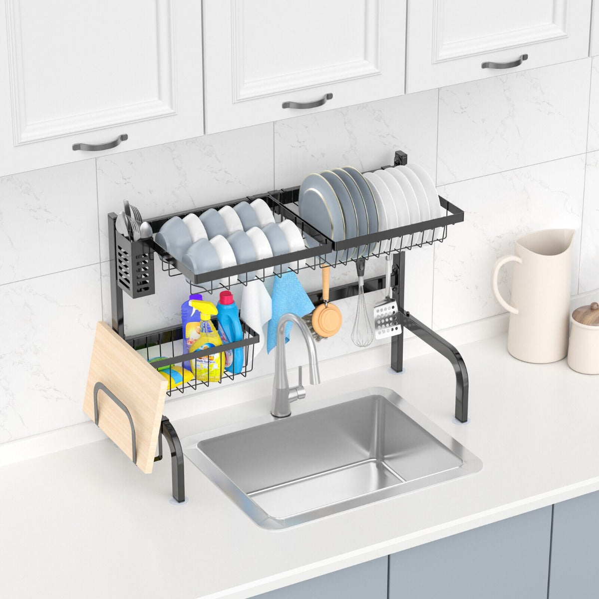 2-Tier Over Sink Adjustable Dish Drying Rack for Kitchen Counter Storage