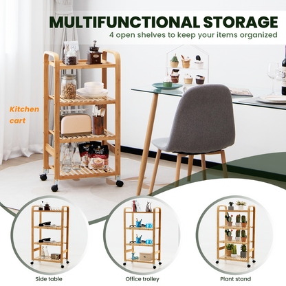 Four-tier bamboo organizer includes assembly instructions for convenient home setup