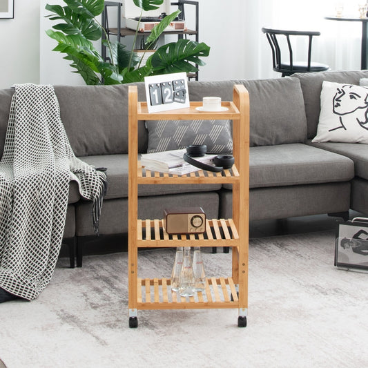 Costway 4-Tier Bamboo Rolling Storage Cart with Locking Casters