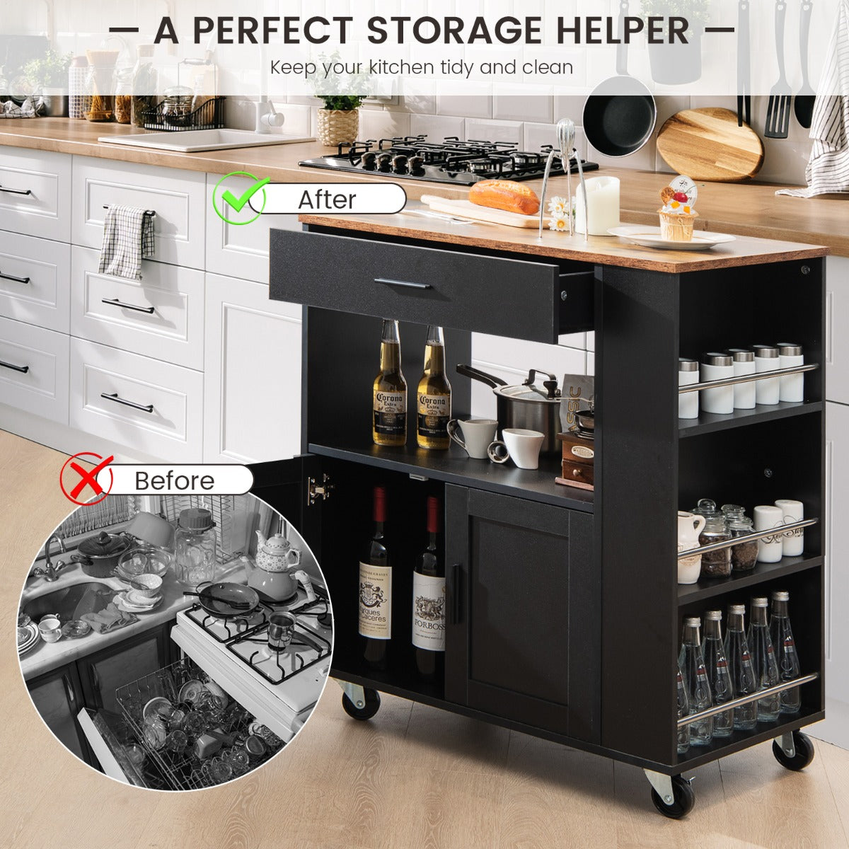 Costway Rolling Kitchen Serving Trolley with 3 Spice Racks for Kitchen-Black