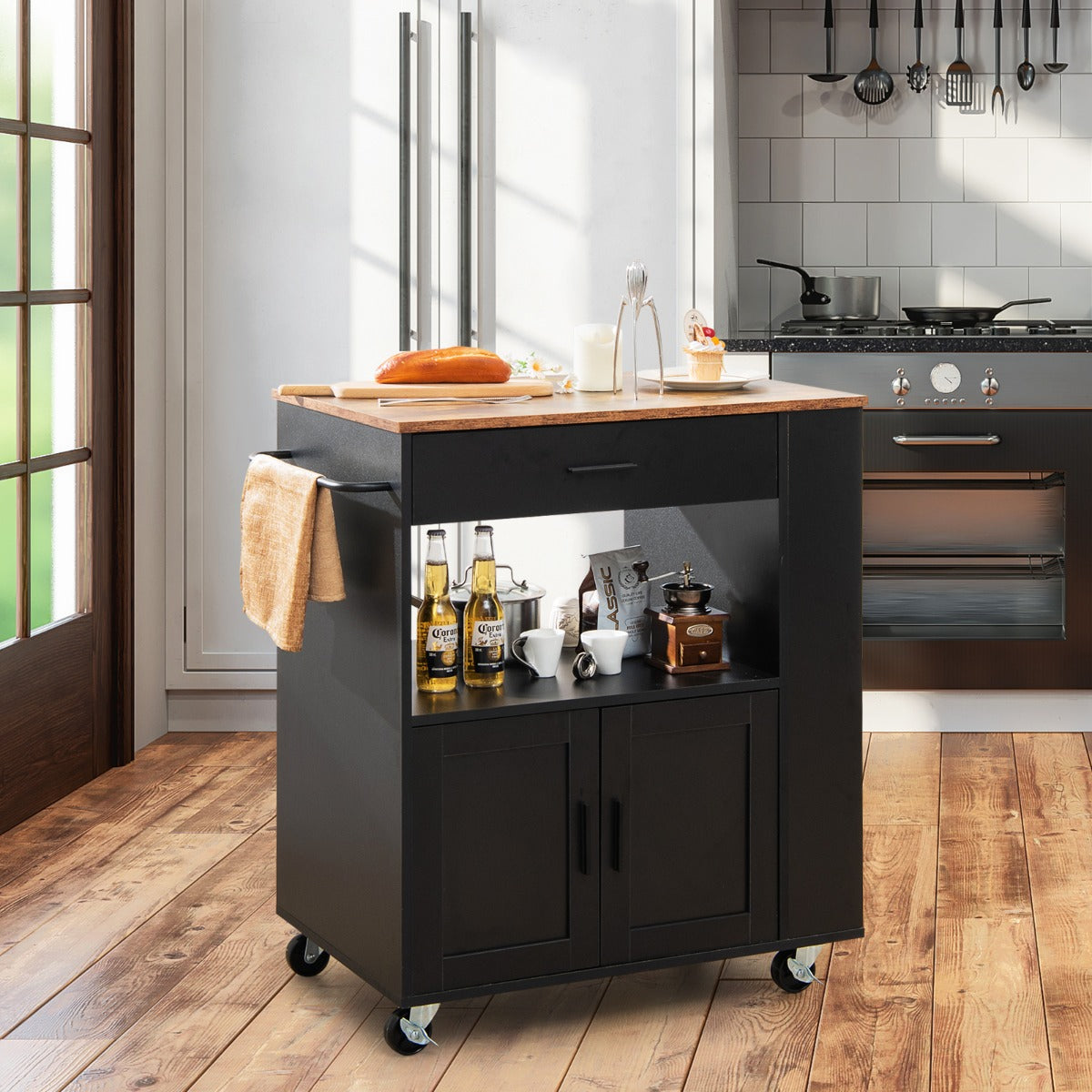 Costway Rolling Kitchen Serving Trolley with 3 Spice Racks for Kitchen-Black