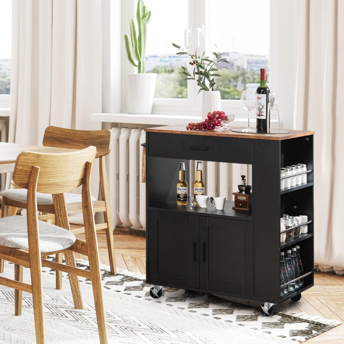 Costway Rolling Kitchen Serving Trolley with 3 Spice Racks for Kitchen-Black