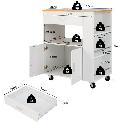 Mobile kitchen island cart with waterproof countertop, drawer, cabinet, open shelf, and three spice racks
