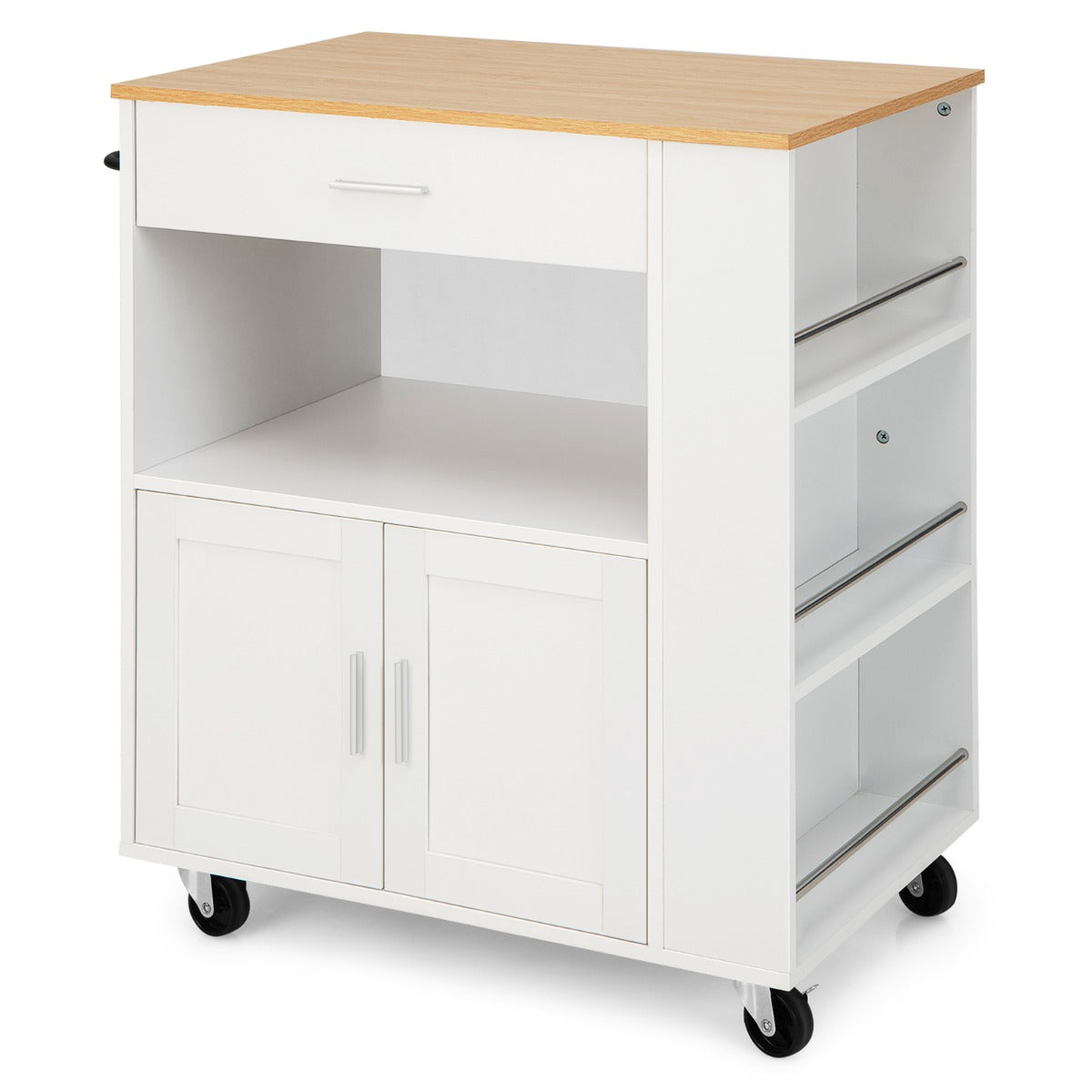 Costway Rolling Kitchen Serving Trolley with 3 Spice Racks for Kitchen-White