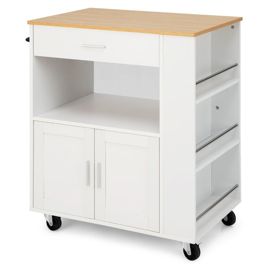 Costway Rolling Kitchen Serving Trolley with 3 Spice Racks for Kitchen-White
