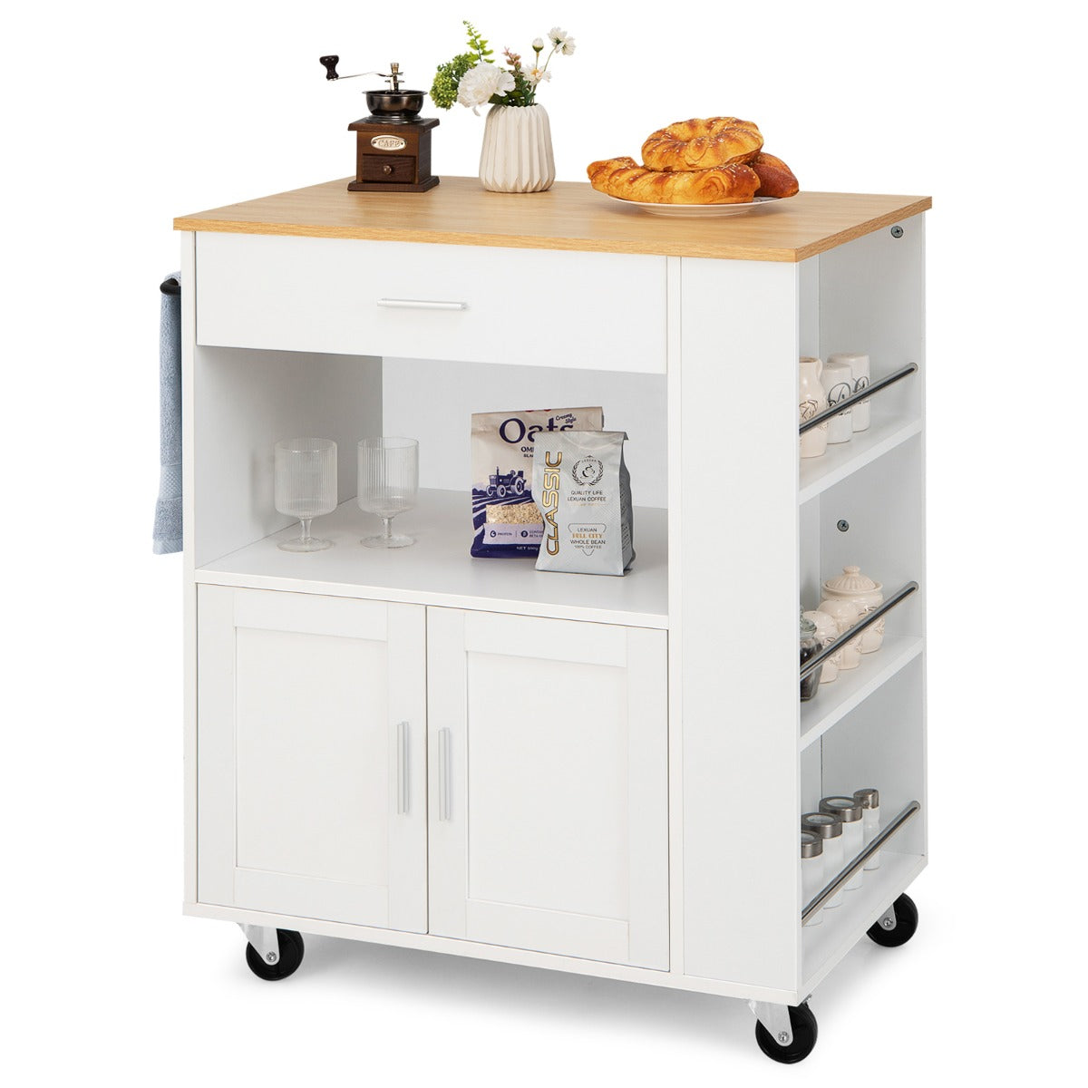 Costway Rolling Kitchen Serving Trolley with 3 Spice Racks for Kitchen-White