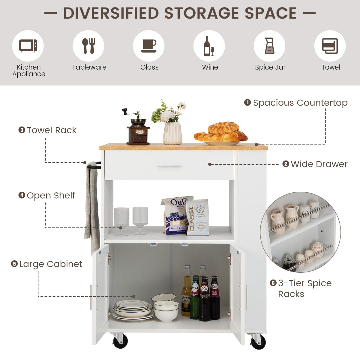 Costway Rolling Kitchen Serving Trolley with 3 Spice Racks for Kitchen-White