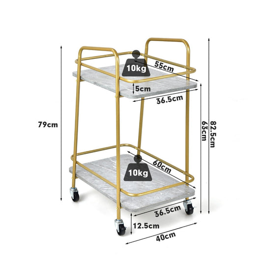 Gray two-tier kitchen rolling cart with steel frame, open shelves, and convenient storage space