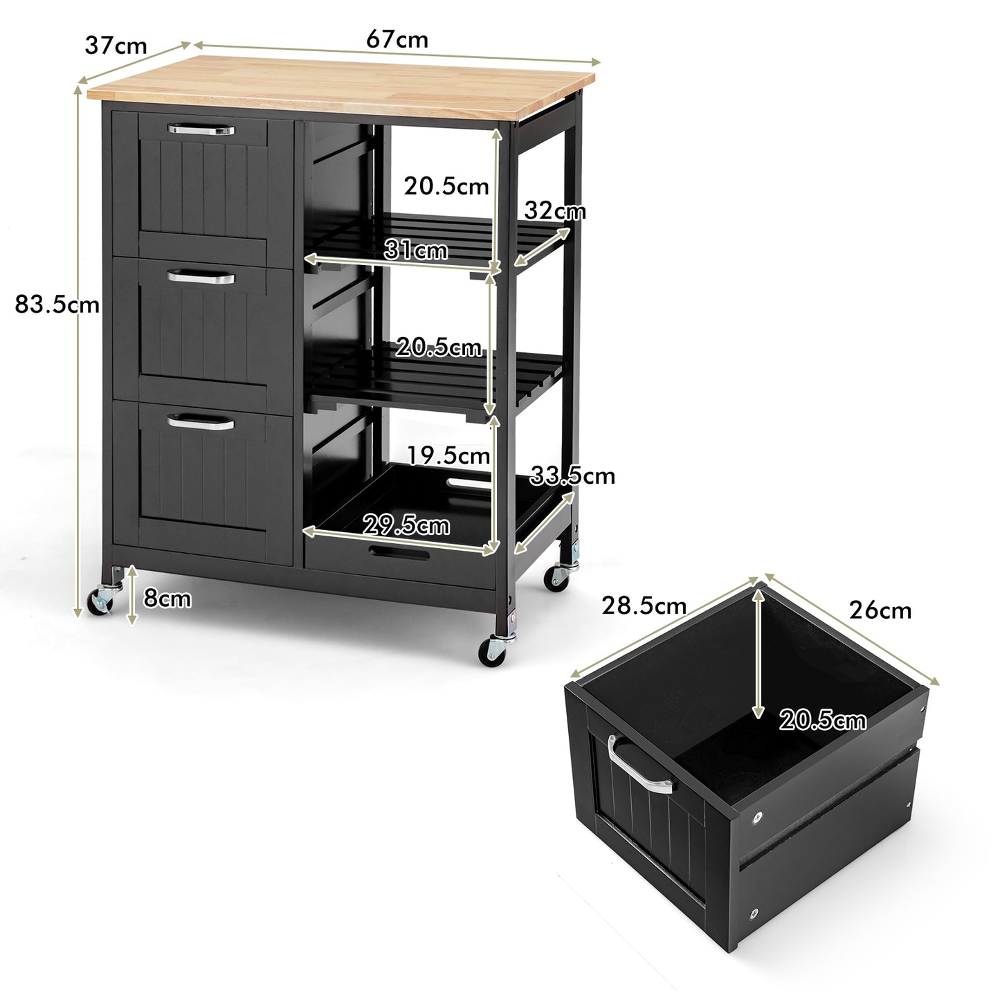 Kitchen Island with Rubber Wood Countertop &amp; Lockable Casters-Black