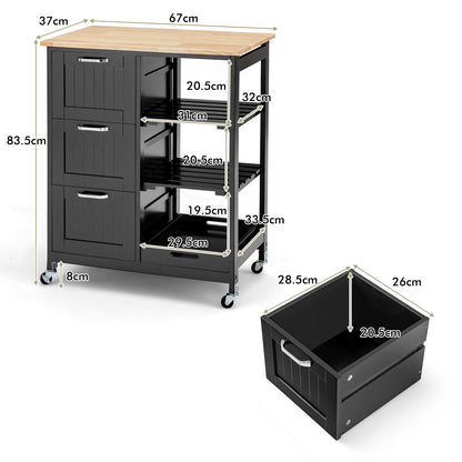 Kitchen Island with Rubber Wood Countertop &amp; Lockable Casters-Black