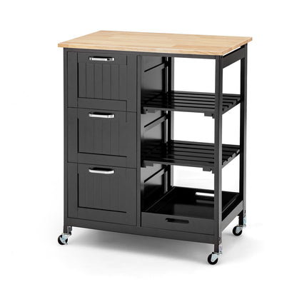 Kitchen Island with Rubber Wood Countertop &amp; Lockable Casters-Black