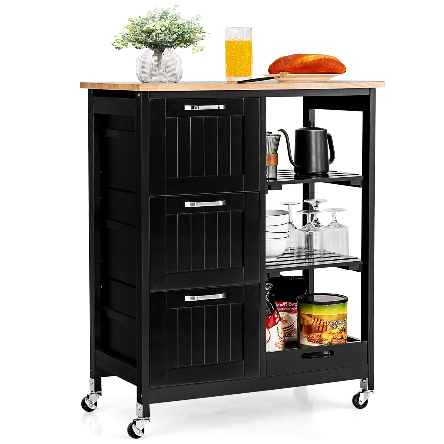 Kitchen Island with Rubber Wood Countertop &amp; Lockable Casters-Black