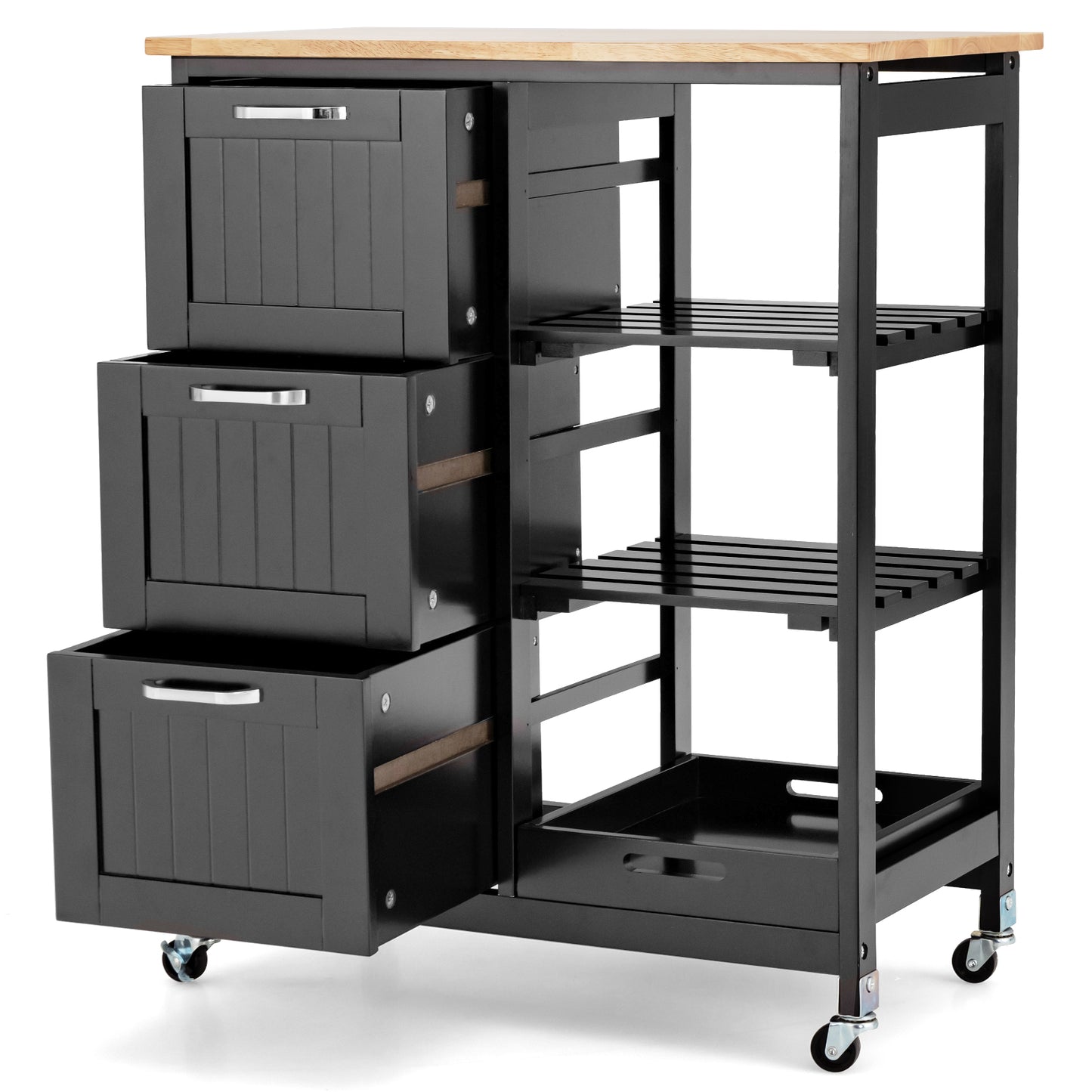 Kitchen Island with Rubber Wood Countertop &amp; Lockable Casters-Black