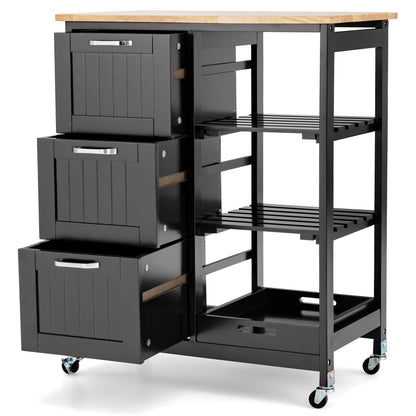 Kitchen Island with Rubber Wood Countertop &amp; Lockable Casters-Black
