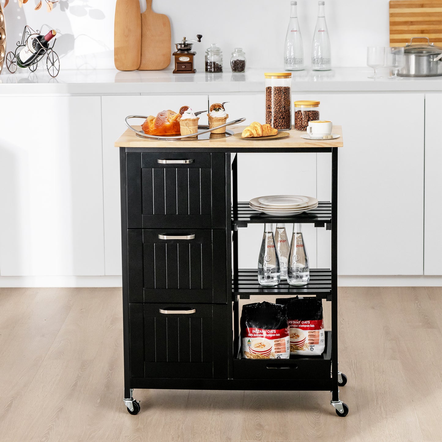 Kitchen Island with Rubber Wood Countertop &amp; Lockable Casters-Black