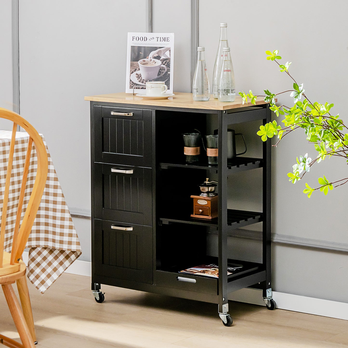 Kitchen Island with Rubber Wood Countertop &amp; Lockable Casters-Black