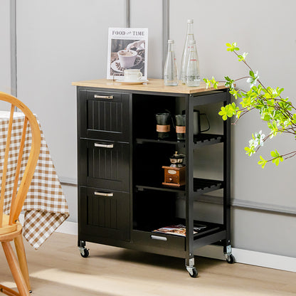 Kitchen Island with Rubber Wood Countertop &amp; Lockable Casters-Black