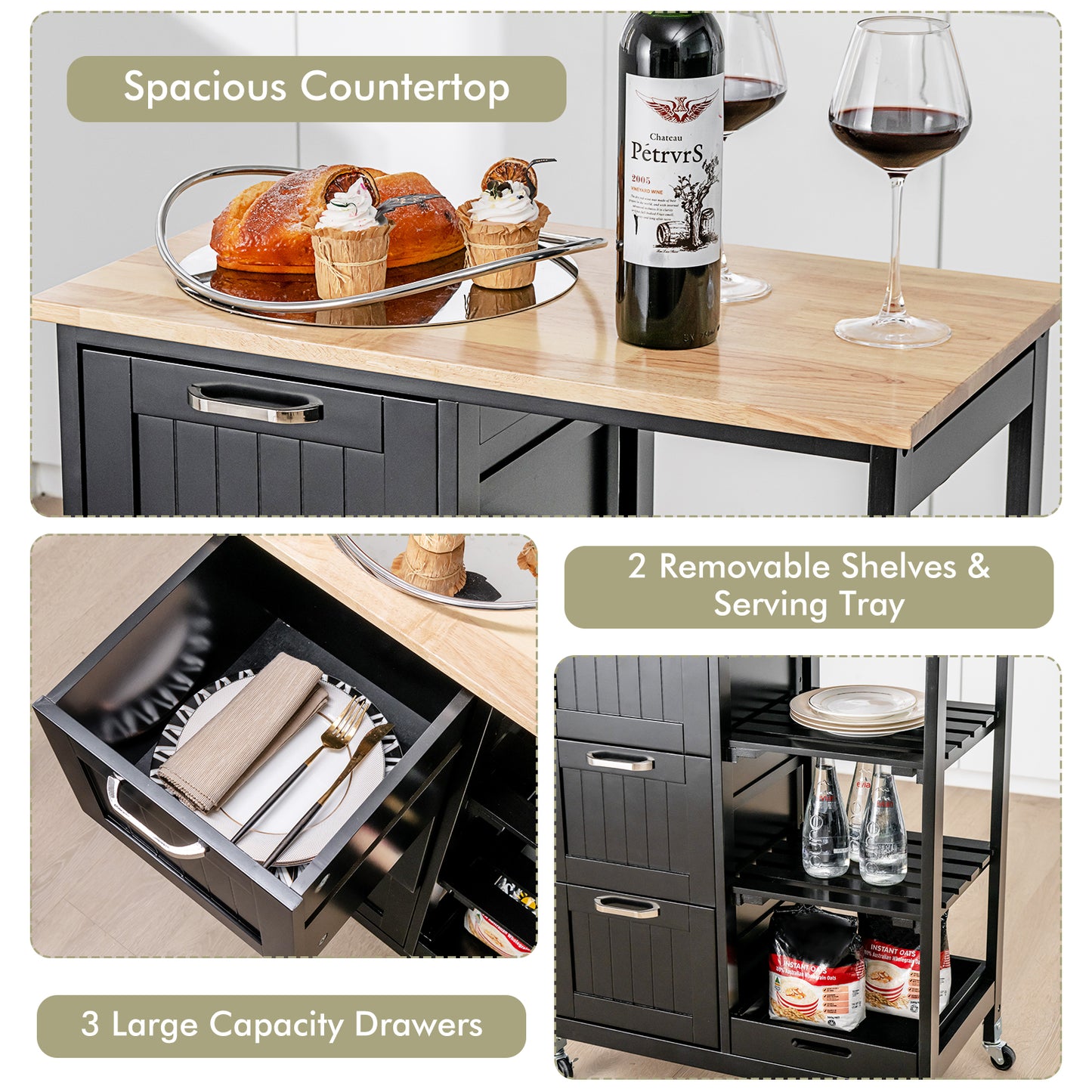 Kitchen Island with Rubber Wood Countertop &amp; Lockable Casters-Black