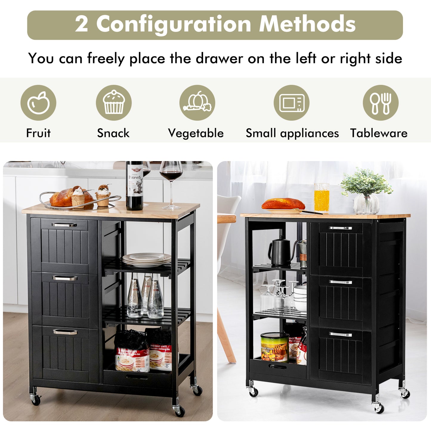 Kitchen Island with Rubber Wood Countertop &amp; Lockable Casters-Black
