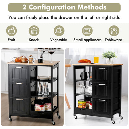 Kitchen Island with Rubber Wood Countertop &amp; Lockable Casters-Black
