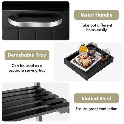 Kitchen Island with Rubber Wood Countertop &amp; Lockable Casters-Black