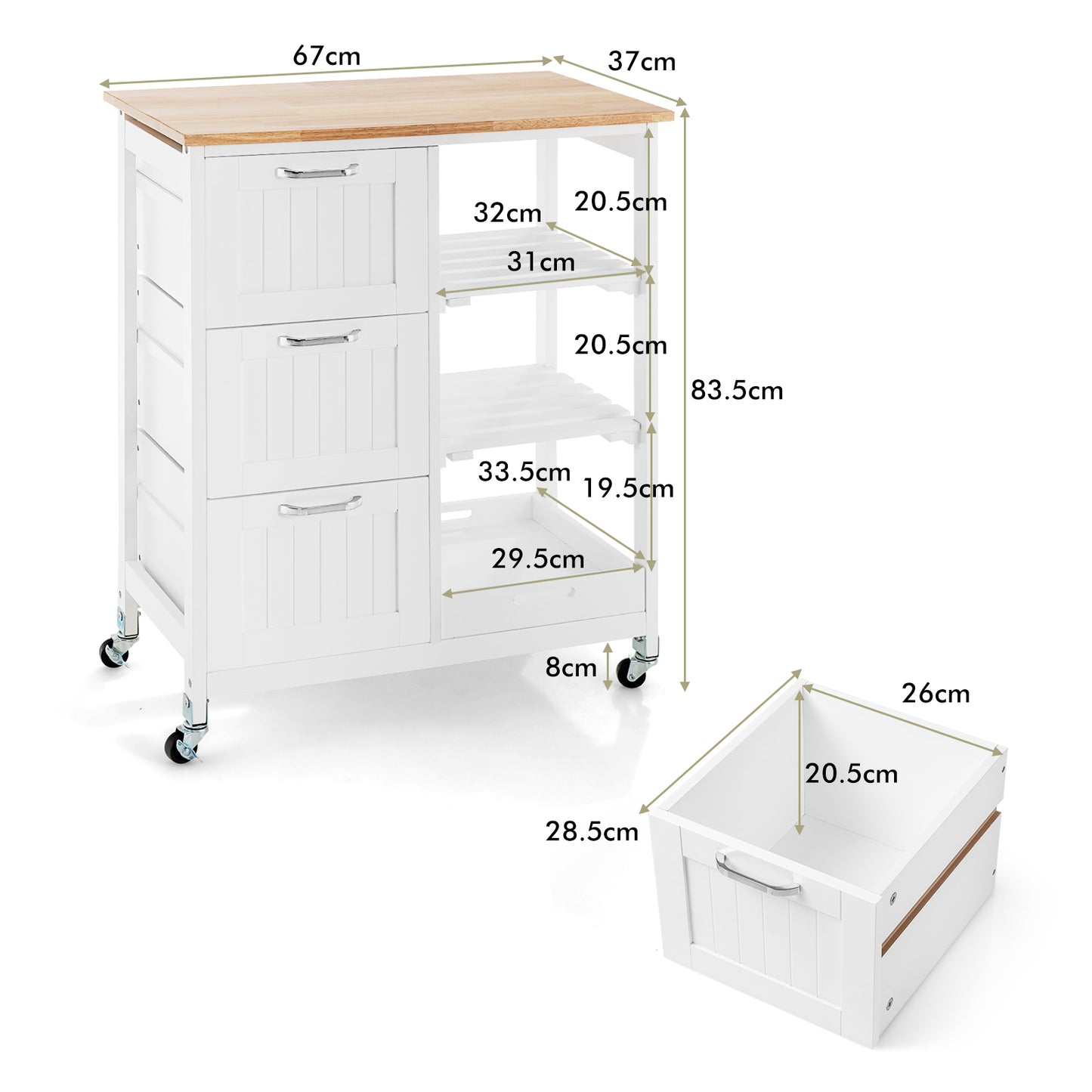 Kitchen Island with Rubber Wood Countertop &amp; Lockable Casters-White