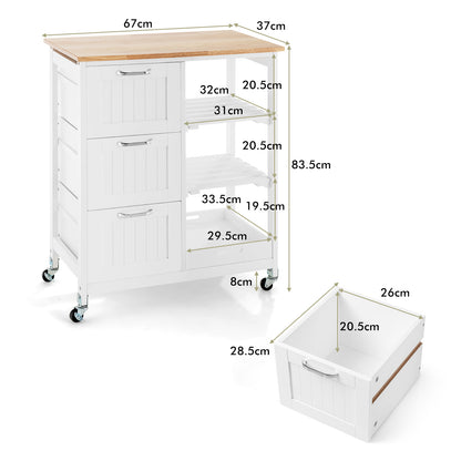 Kitchen Island with Rubber Wood Countertop &amp; Lockable Casters-White