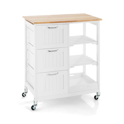 Kitchen Island with Rubber Wood Countertop &amp; Lockable Casters-White