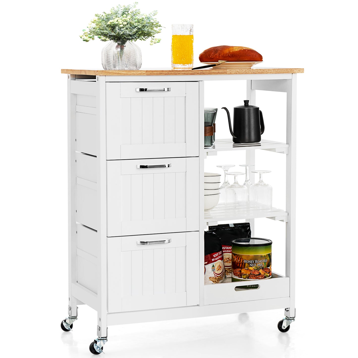 Kitchen Island with Rubber Wood Countertop &amp; Lockable Casters-White