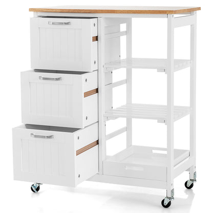 Kitchen Island with Rubber Wood Countertop &amp; Lockable Casters-White