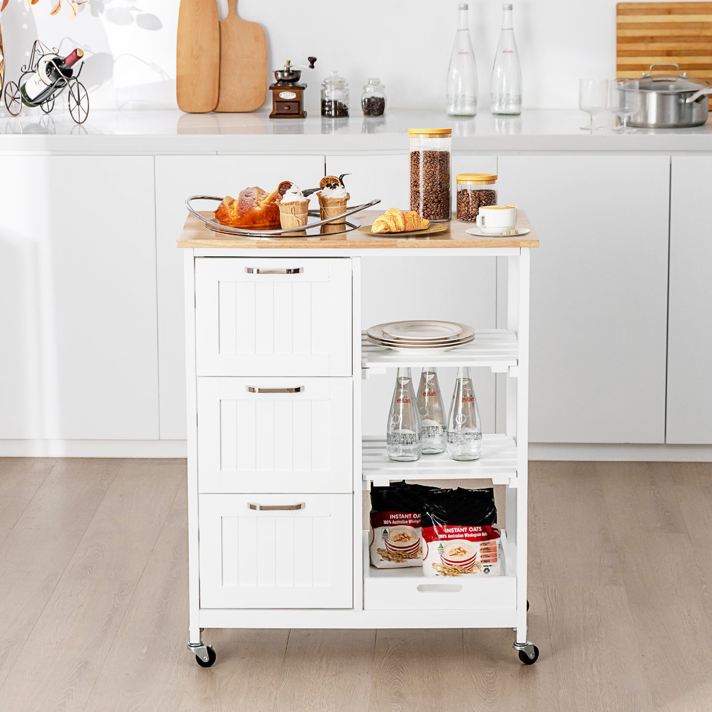 Kitchen Island with Rubber Wood Countertop &amp; Lockable Casters-White