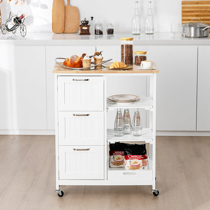 Kitchen Island with Rubber Wood Countertop &amp; Lockable Casters-White
