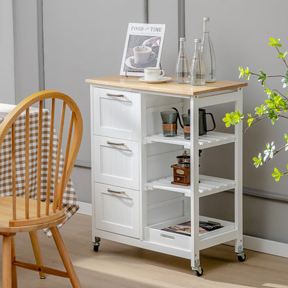 Kitchen Island with Rubber Wood Countertop &amp; Lockable Casters-White