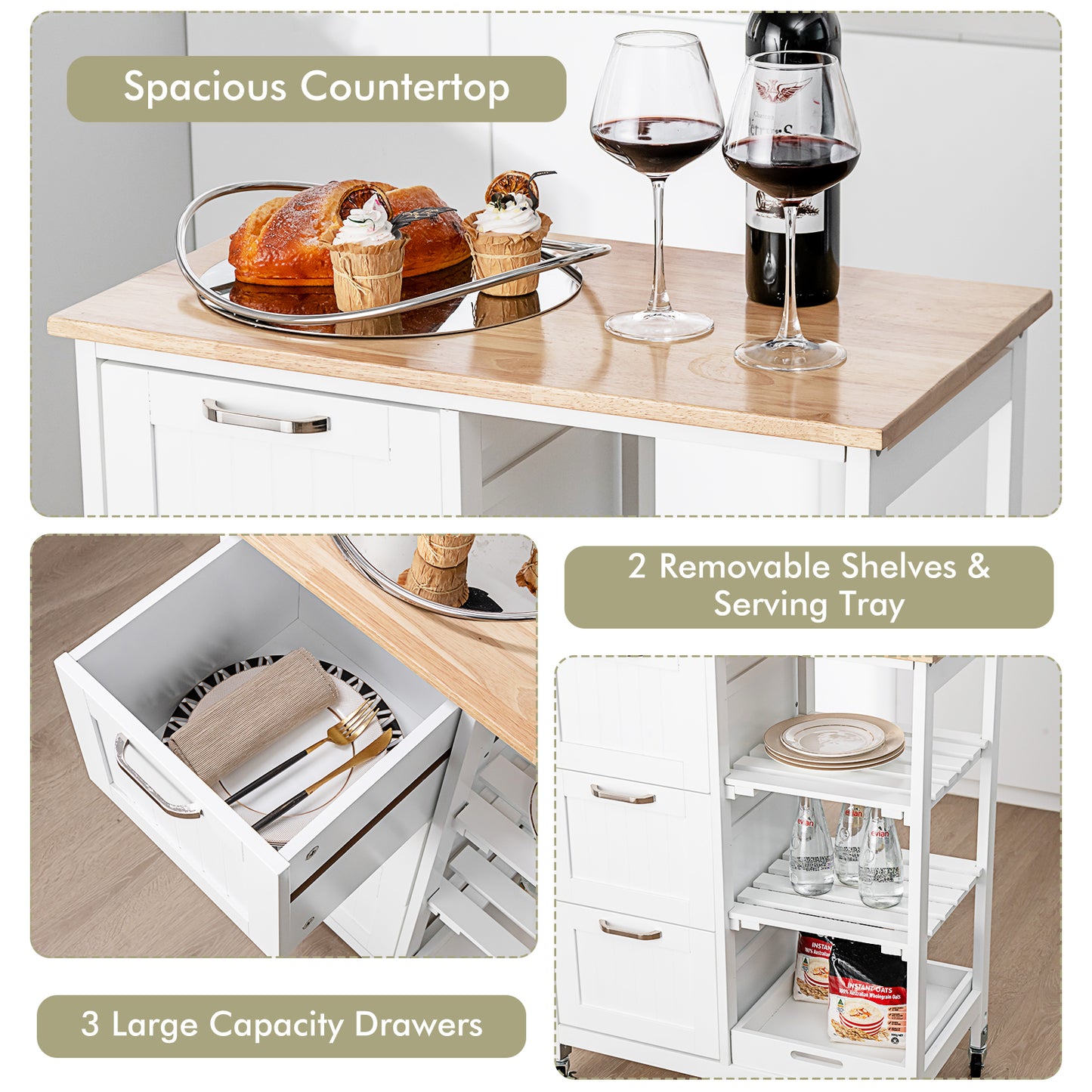 Kitchen Island with Rubber Wood Countertop &amp; Lockable Casters-White