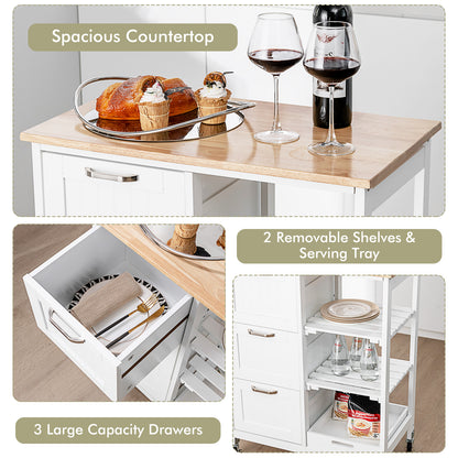 Kitchen Island with Rubber Wood Countertop &amp; Lockable Casters-White